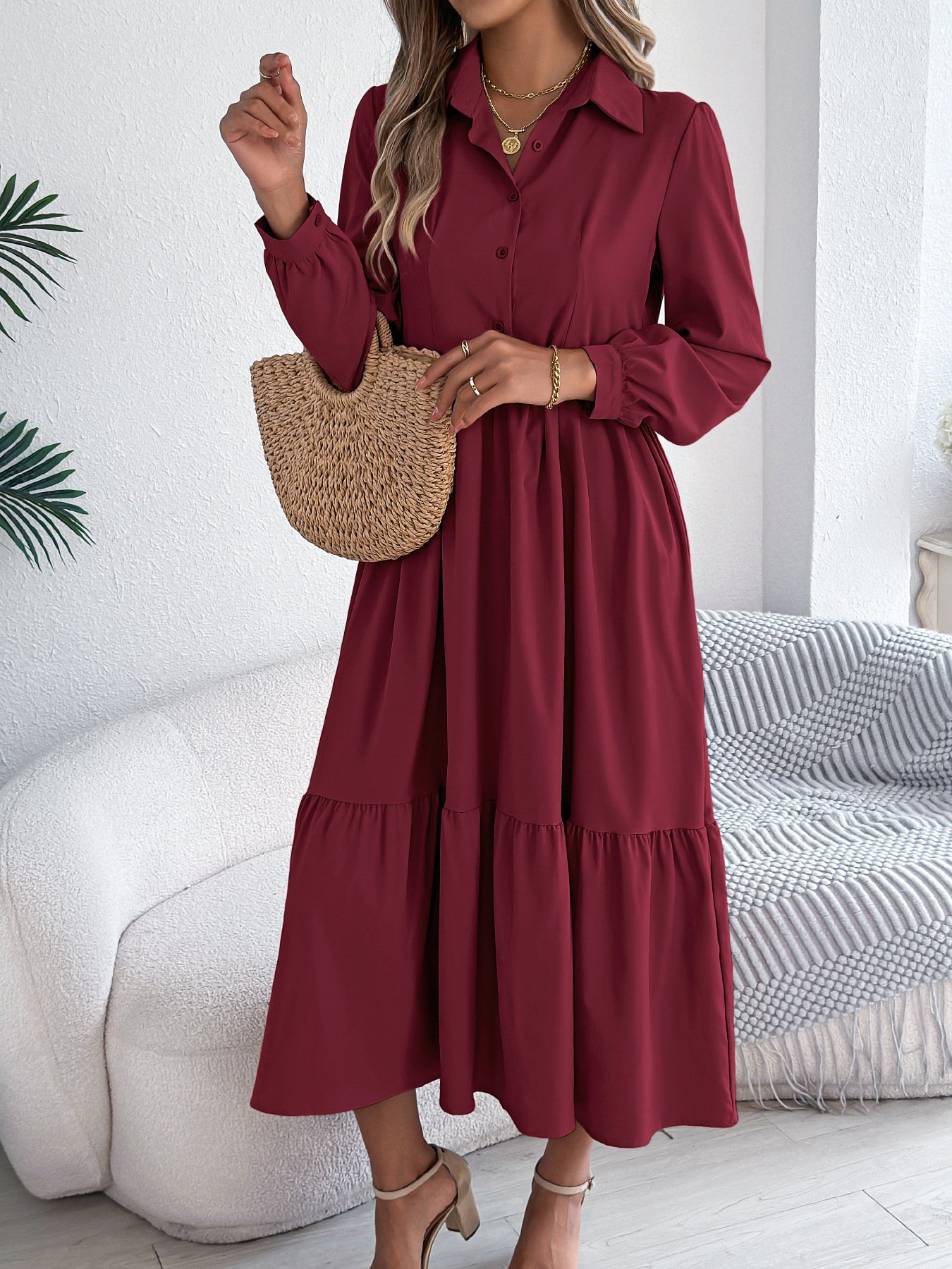 Women Plain Spring/Fall Dress Shirt Collar Long Sleeve A-Line Dress