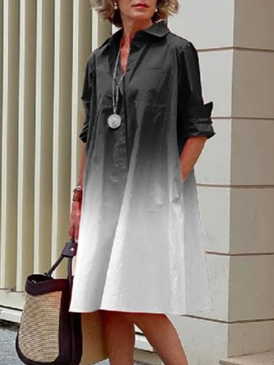 Women Geometric Spring/Fall Dress Shawl Collar Long Sleeve Shirt Dress H-Line Dress