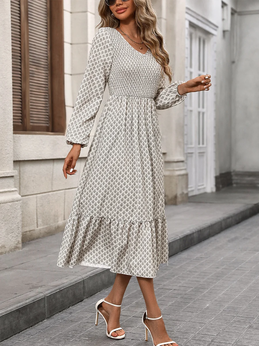Women Geometric Spring/Fall Dress V Neck Long Sleeve A-Line Dress