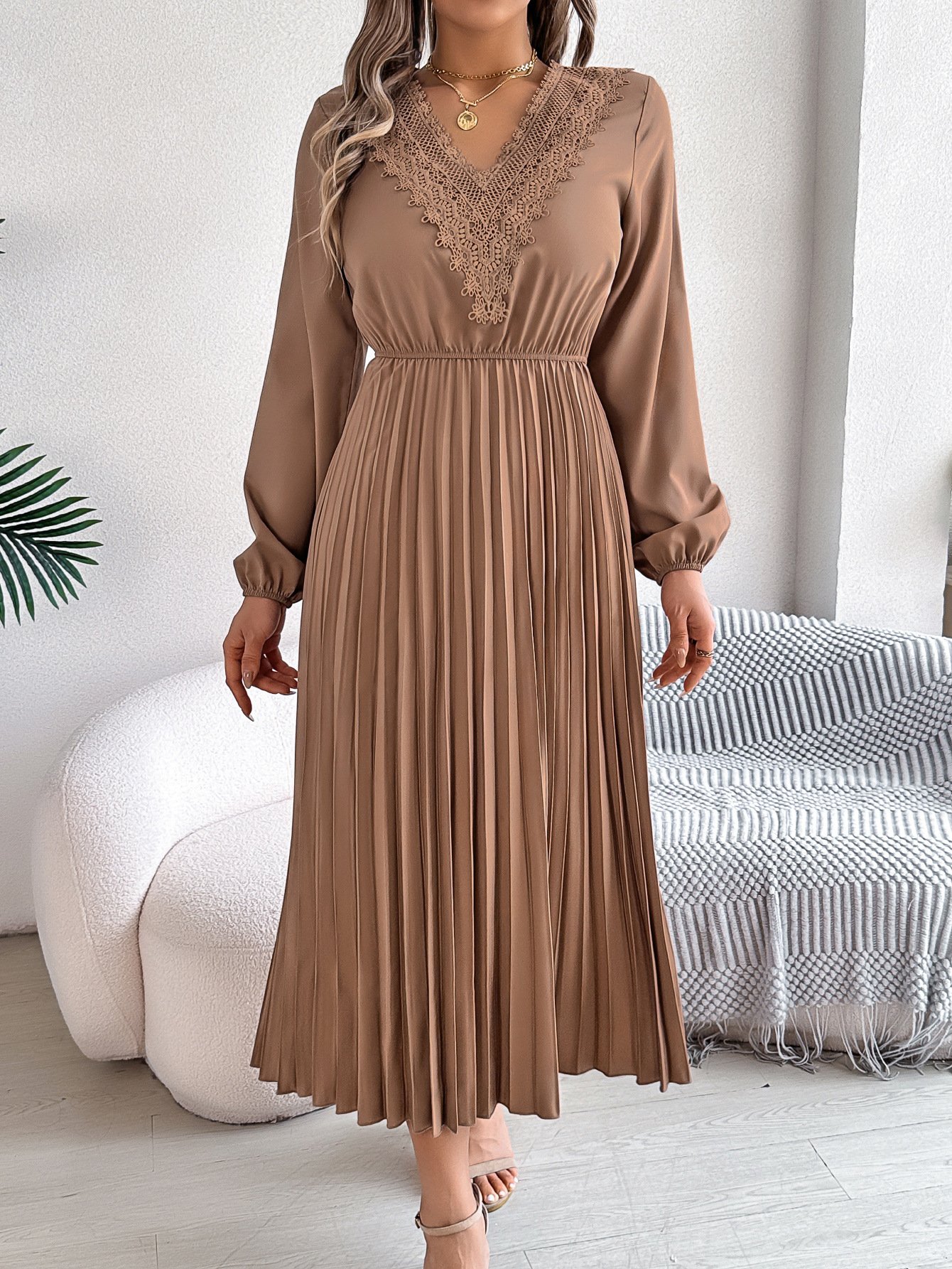 Women Plain Spring/Fall Dress V Neck Long Sleeve A-Line Dress