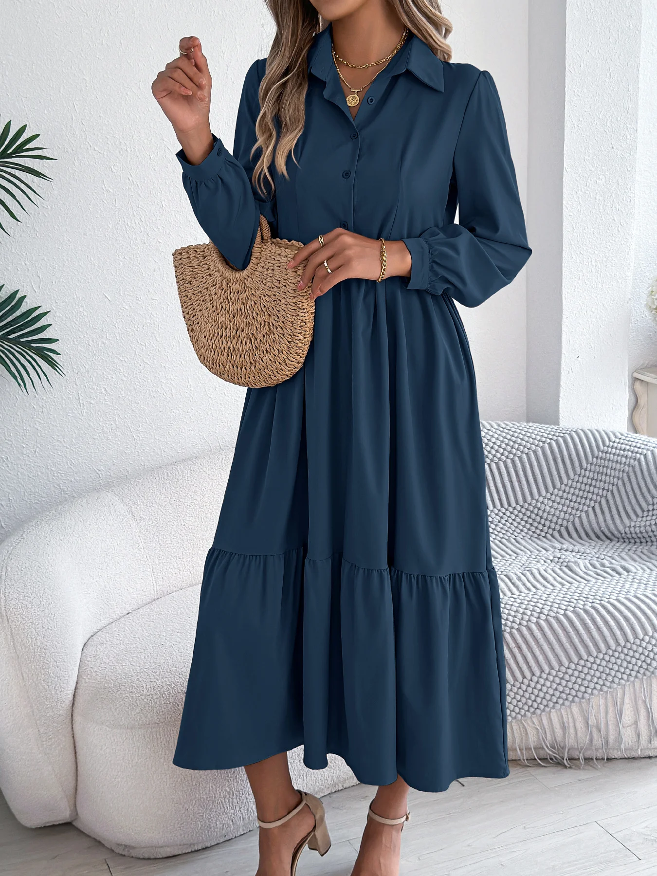 Women Plain Spring/Fall Dress Shirt Collar Long Sleeve A-Line Dress