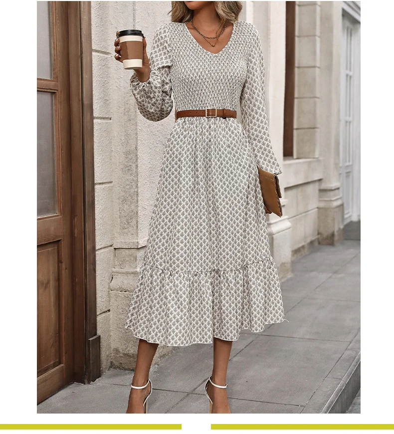 Women Geometric Spring/Fall Dress V Neck Long Sleeve A-Line Dress
