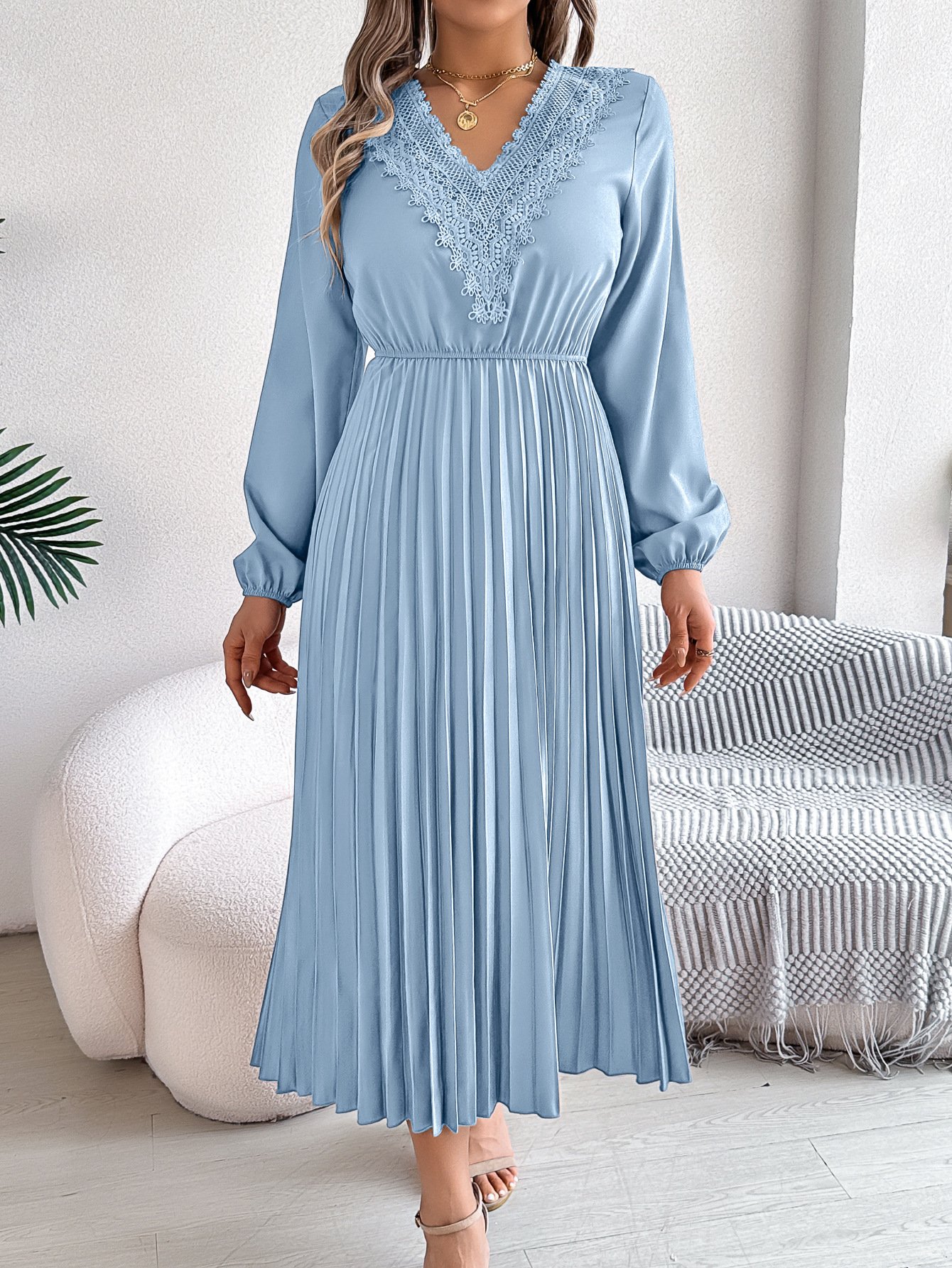 Women Plain Spring/Fall Dress V Neck Long Sleeve A-Line Dress