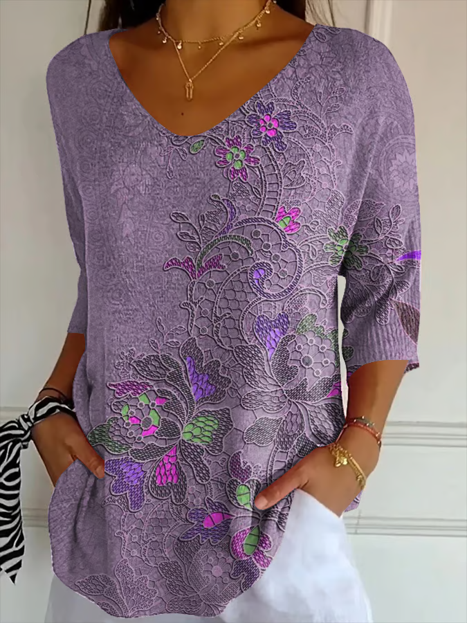 Casual Floral V Neck Three Quarter Sleeve T-shirt