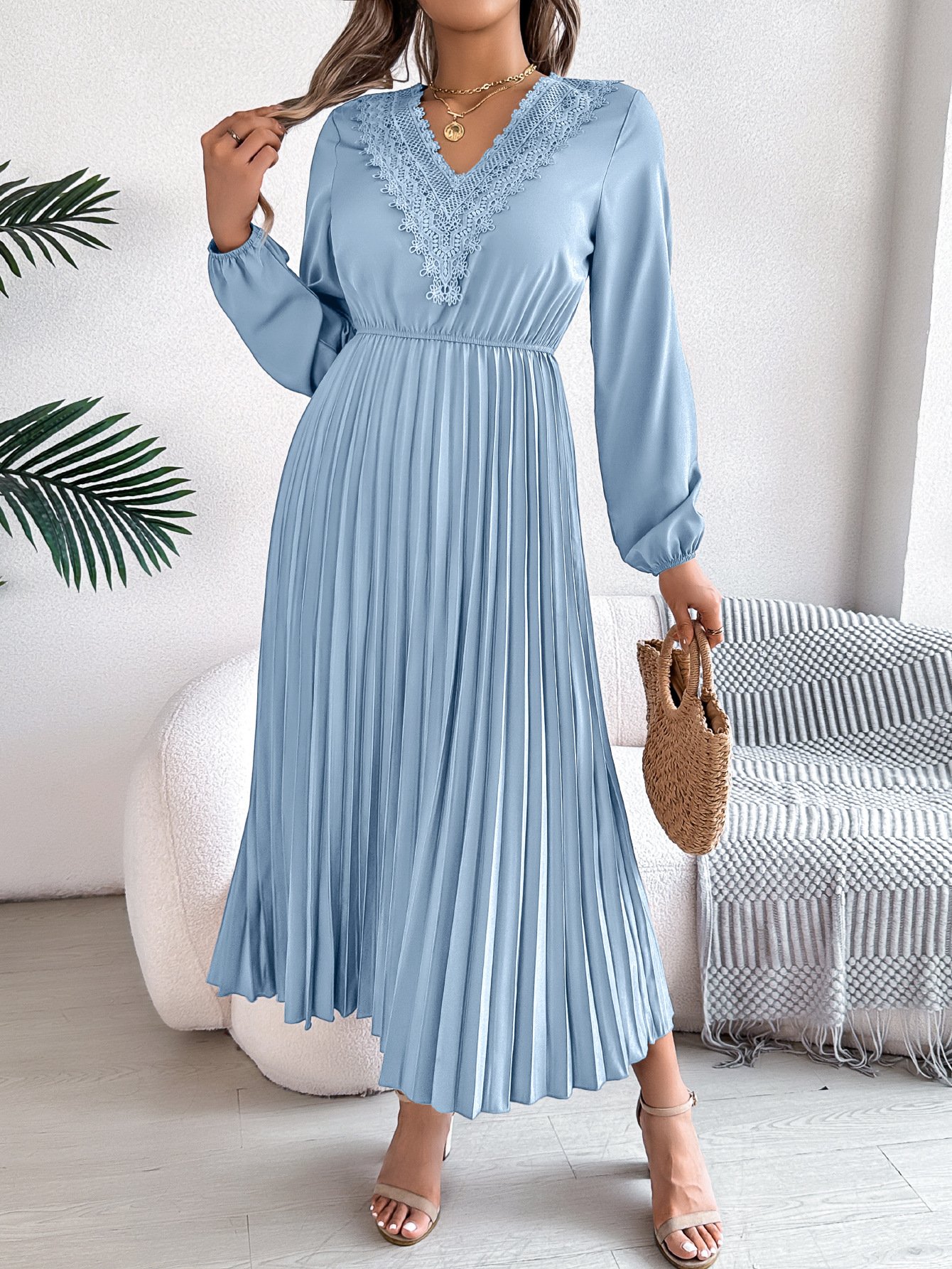 Women Plain Spring/Fall Dress V Neck Long Sleeve A-Line Dress