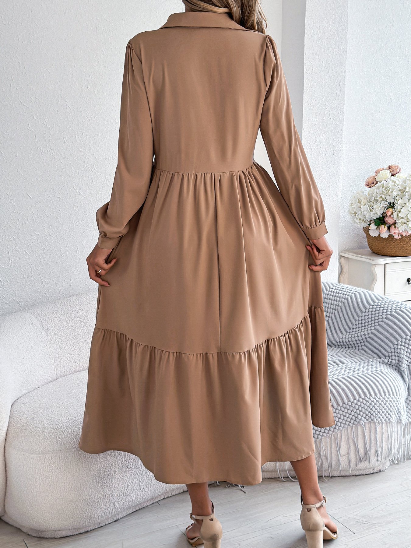 Women Plain Spring/Fall Dress Shirt Collar Long Sleeve A-Line Dress