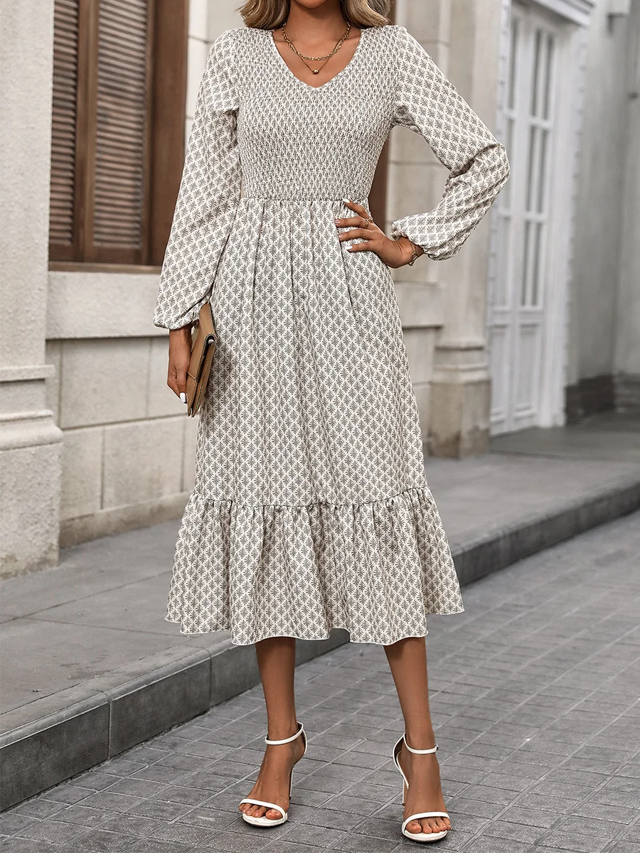 Women Geometric Spring/Fall Dress V Neck Long Sleeve A-Line Dress