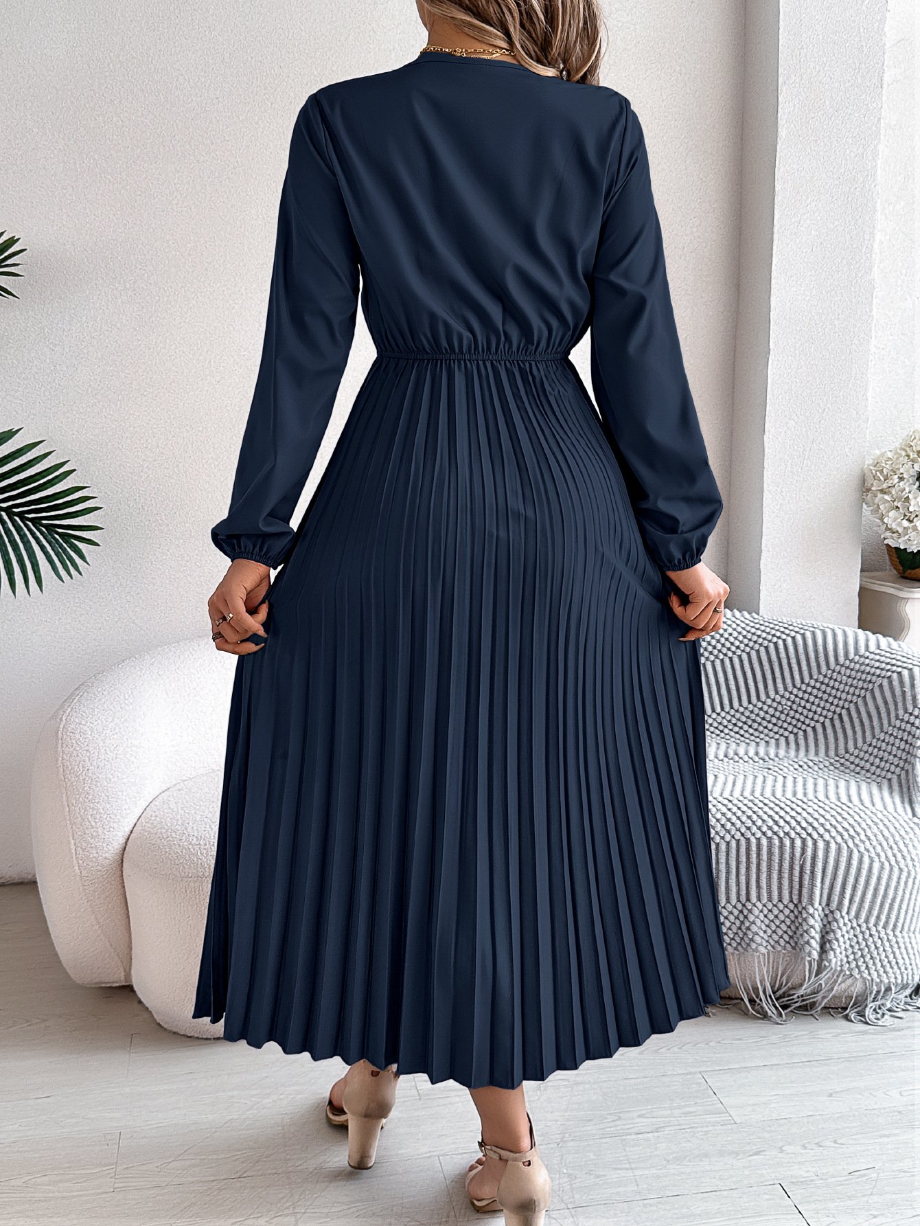Women Plain Spring/Fall Dress V Neck Long Sleeve A-Line Dress