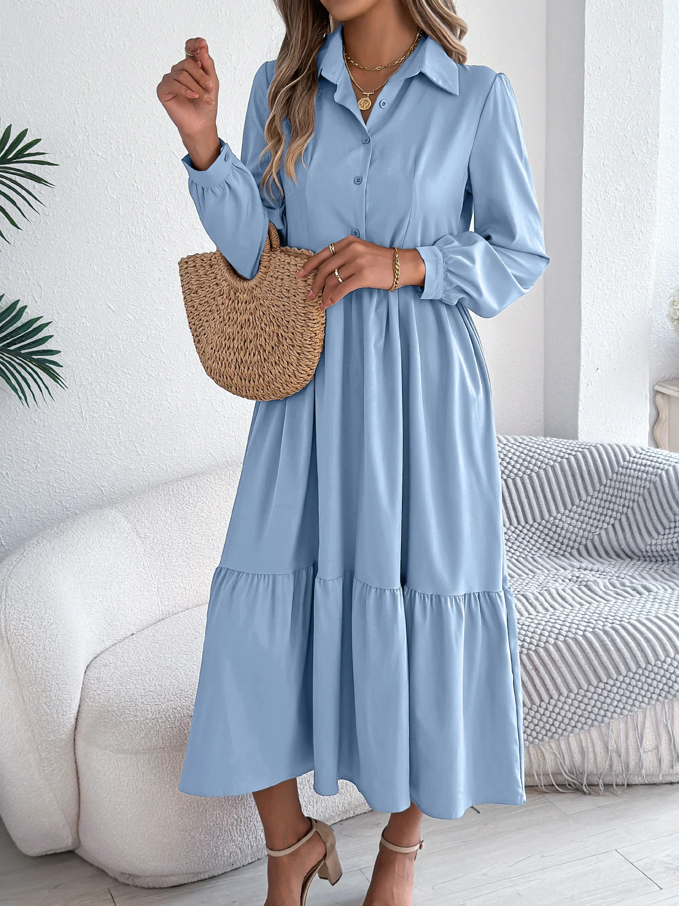 Women Plain Spring/Fall Dress Shirt Collar Long Sleeve A-Line Dress