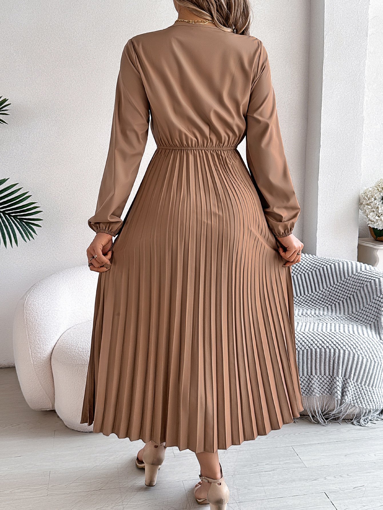 Women Plain Spring/Fall Dress V Neck Long Sleeve A-Line Dress