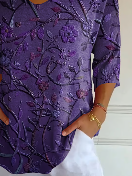 Casual Floral V Neck 3/4 Length Sleeve T-shirt