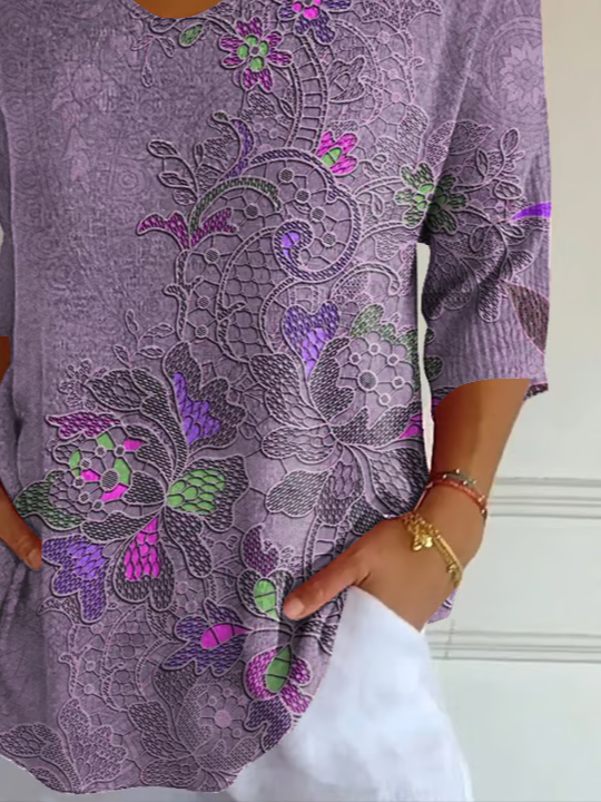 Casual Floral V Neck Three Quarter Sleeve T-shirt