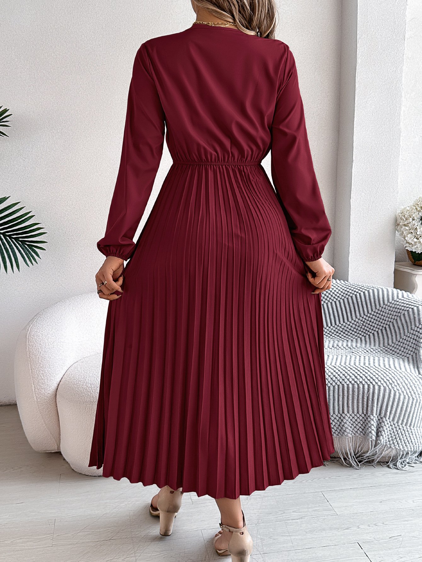 Women Plain Spring/Fall Dress V Neck Long Sleeve A-Line Dress