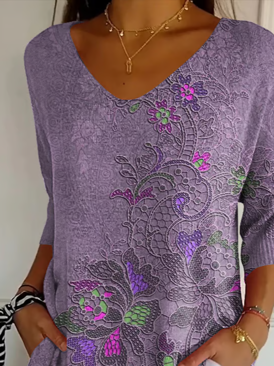 Casual Floral V Neck Three Quarter Sleeve T-shirt