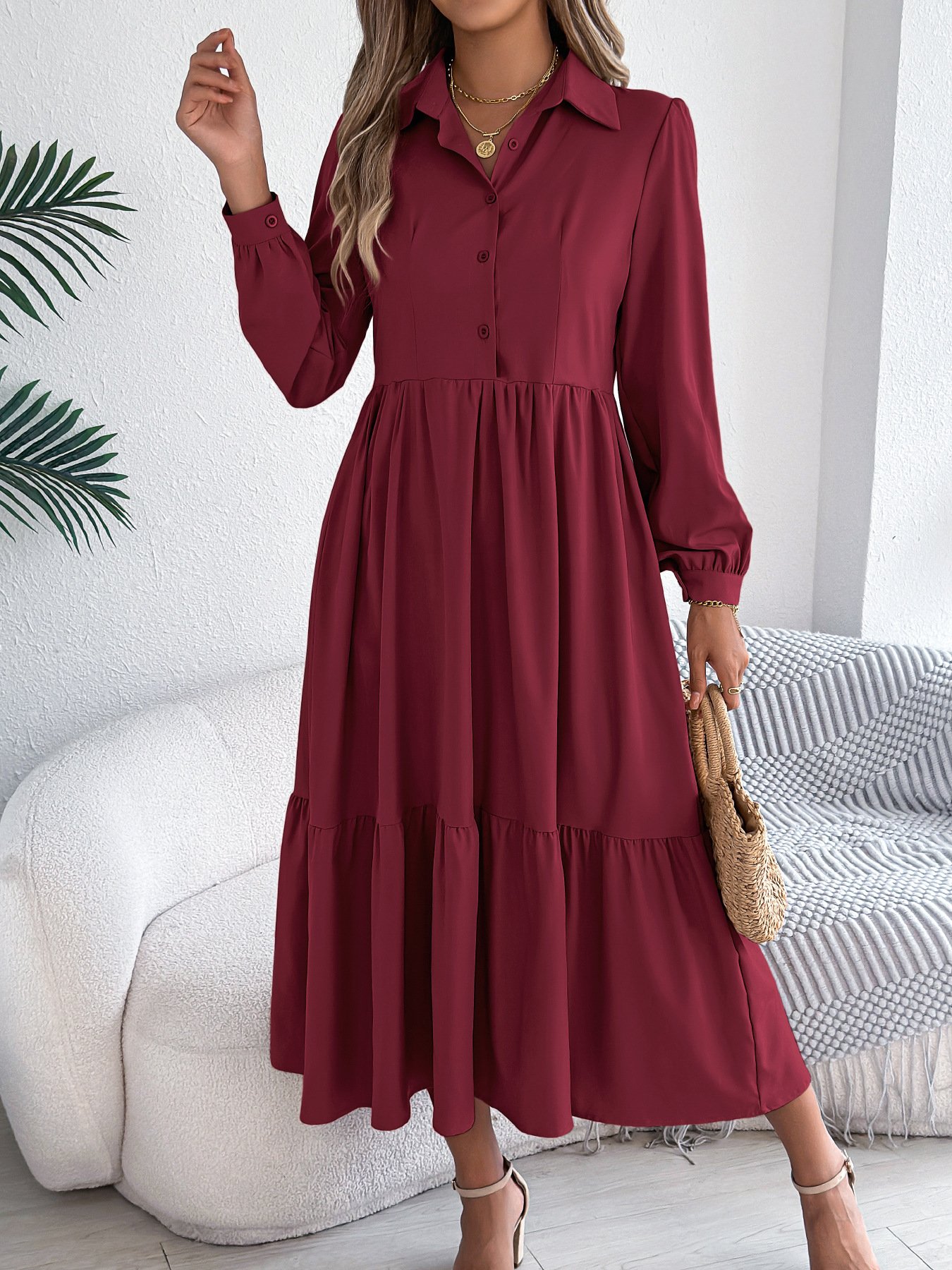 Women Plain Spring/Fall Dress Shirt Collar Long Sleeve A-Line Dress