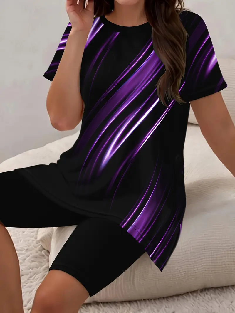 Women Abstract Printing Two-Piece Set Daily Short Sleeve Casual Summer Top With Pants Matching Set