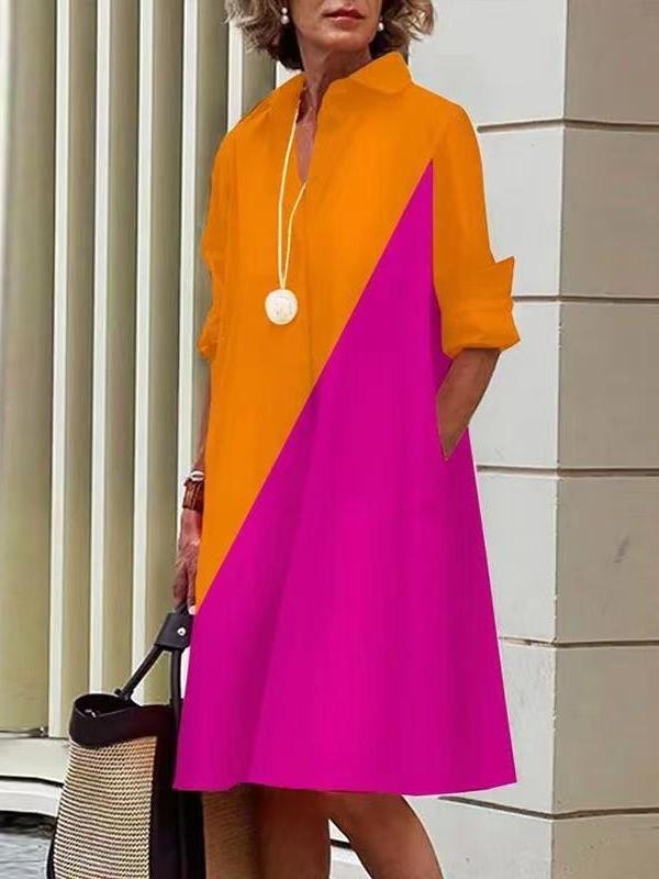 Women Geometric Spring/Fall Dress Shawl Collar Long Sleeve Shirt Dress H-Line Dress