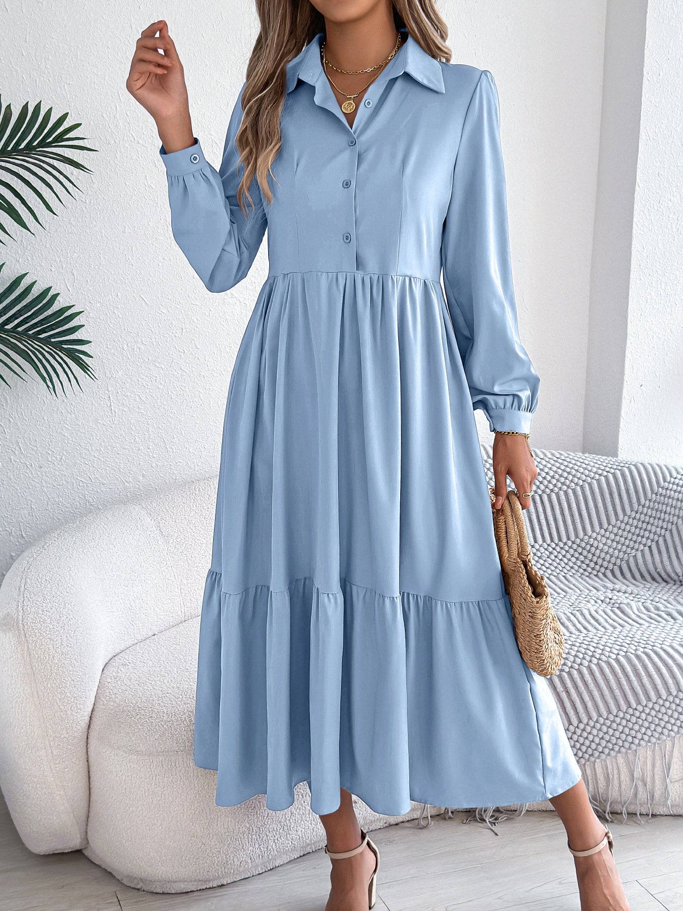 Women Plain Spring/Fall Dress Shirt Collar Long Sleeve A-Line Dress