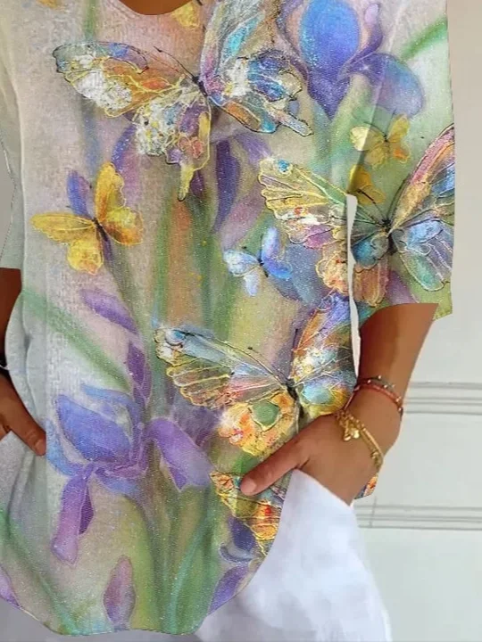 Casual Floral V Neck Three Quarter Sleeve T-shirt