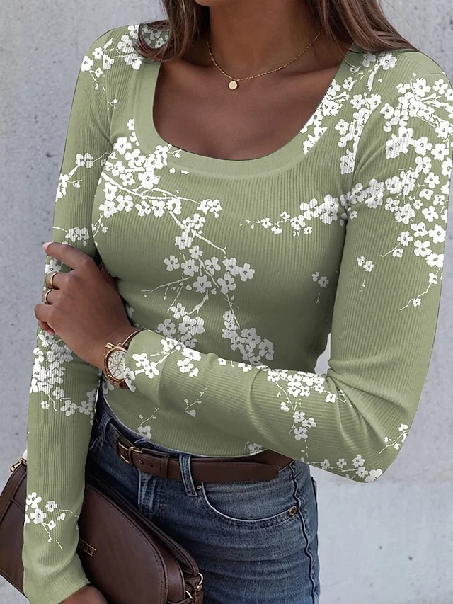 Casual Floral U-Neck Long Sleeve T-shirt