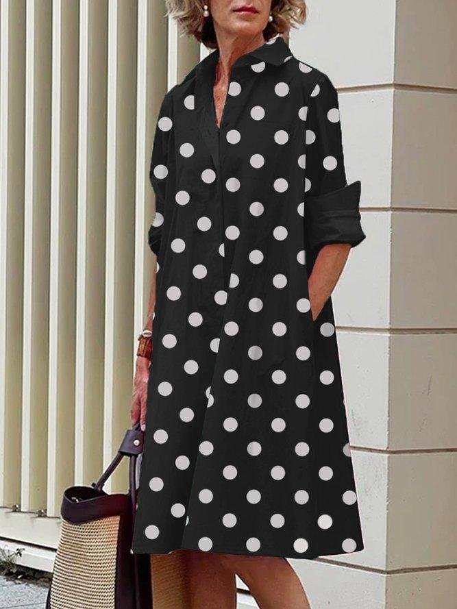 Women Geometric Spring/Fall Dress Shawl Collar Long Sleeve Shirt Dress H-Line Dress
