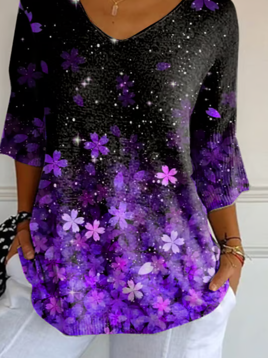 Casual Floral V Neck Three Quarter Sleeve T-shirt