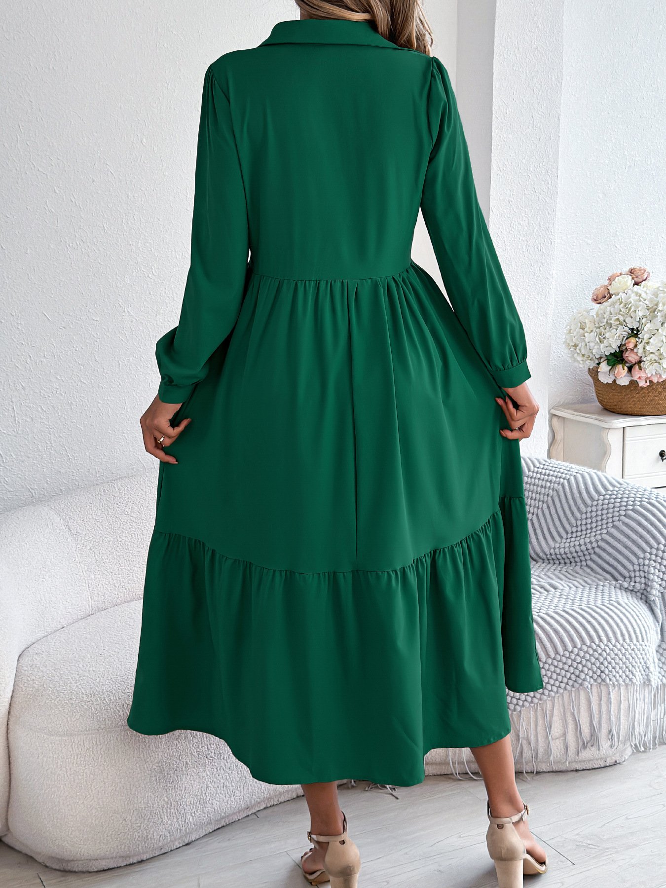Women Plain Spring/Fall Dress Shirt Collar Long Sleeve A-Line Dress