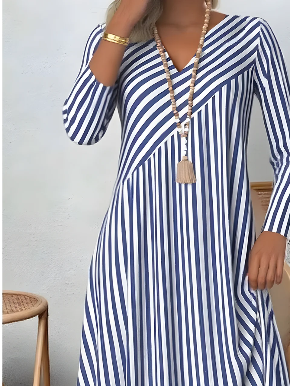 Women Striped Spring/Fall Printing Dress V Neck Long Sleeve T-Shirt Dress H-Line Dress