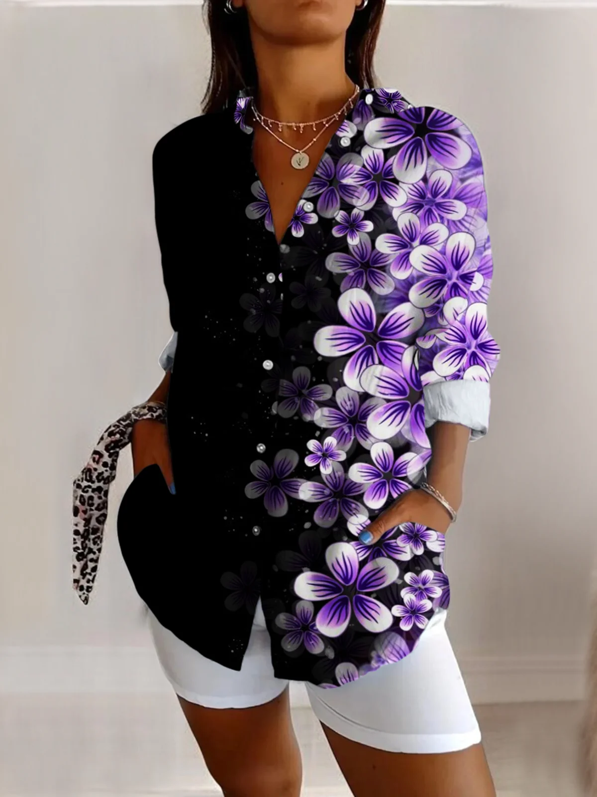 V Neck Long Sleeve Floral Regular Micro-Elasticity Regular Fit Shirt For Women