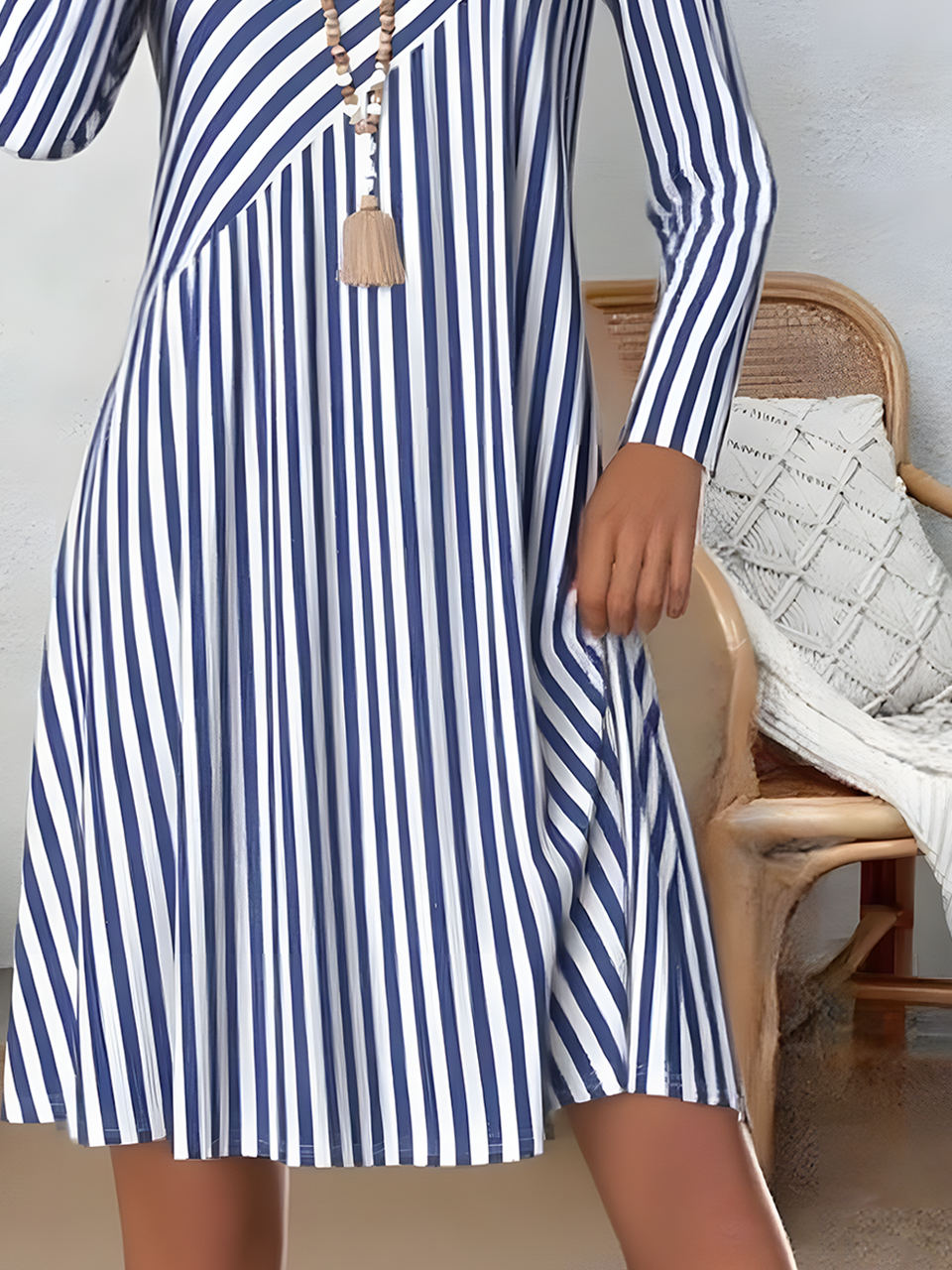 Women Striped Spring/Fall Printing Dress V Neck Long Sleeve T-Shirt Dress H-Line Dress