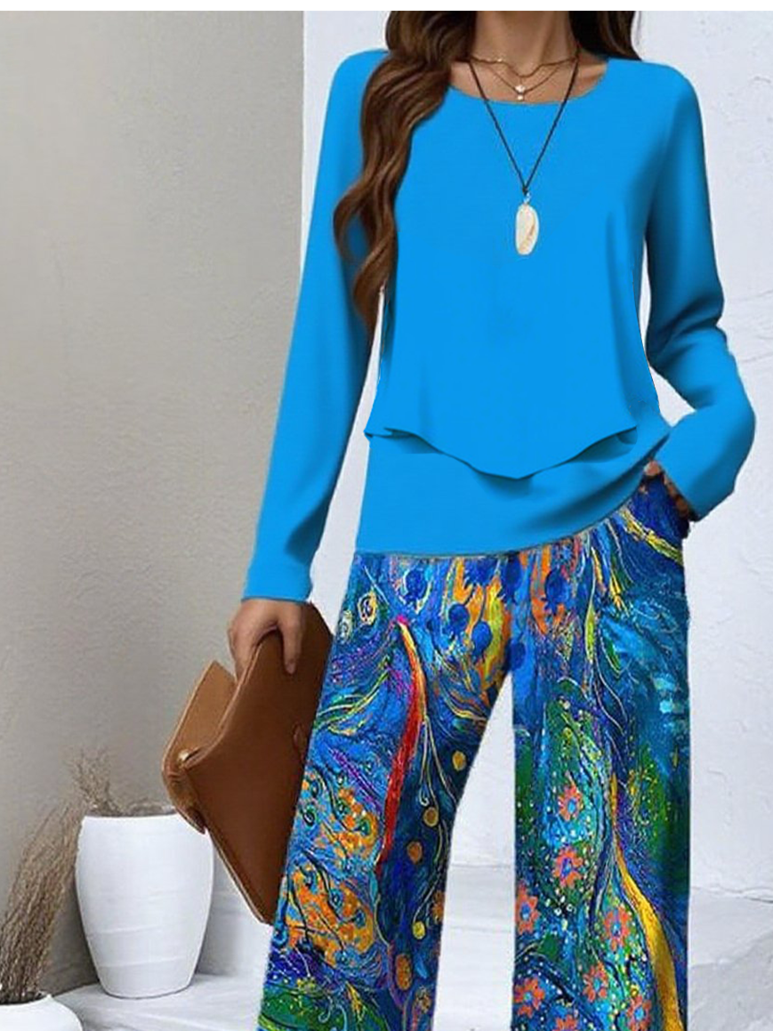Women Psychedelic Art Two-Piece Set Daily Long Sleeve Casual Spring/Fall Top With Skirt Matching Set