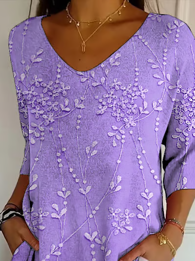 Casual 3D Floral Print V Neck 3/4 Length Sleeve T-shirt
