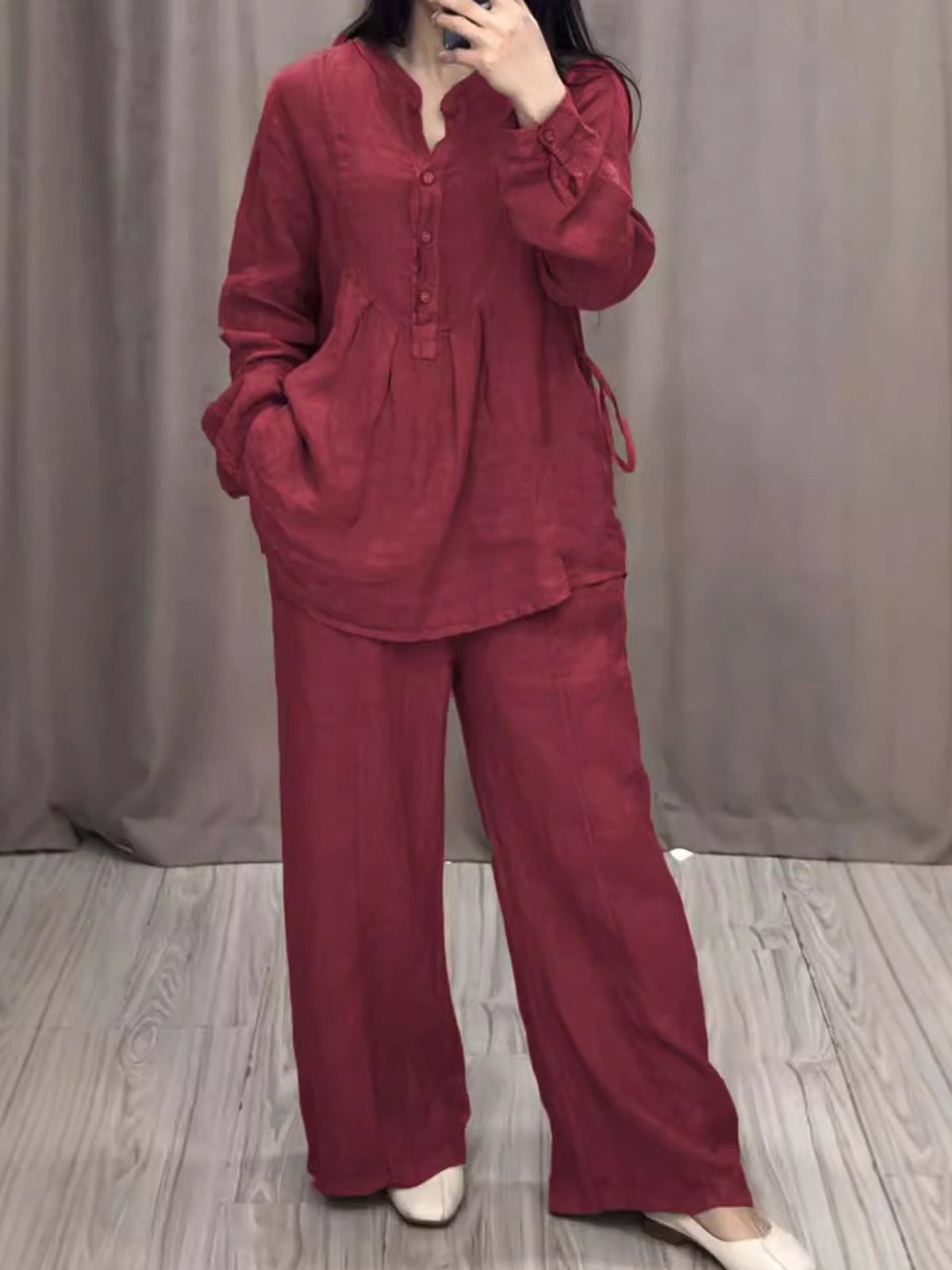 Women Plain Two-Piece Set Daily Long Sleeve Casual Spring/Fall Top With Pants Matching Set