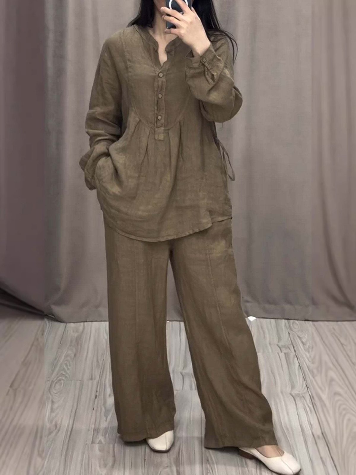 Women Plain Two-Piece Set Daily Long Sleeve Casual Spring/Fall Top With Pants Matching Set