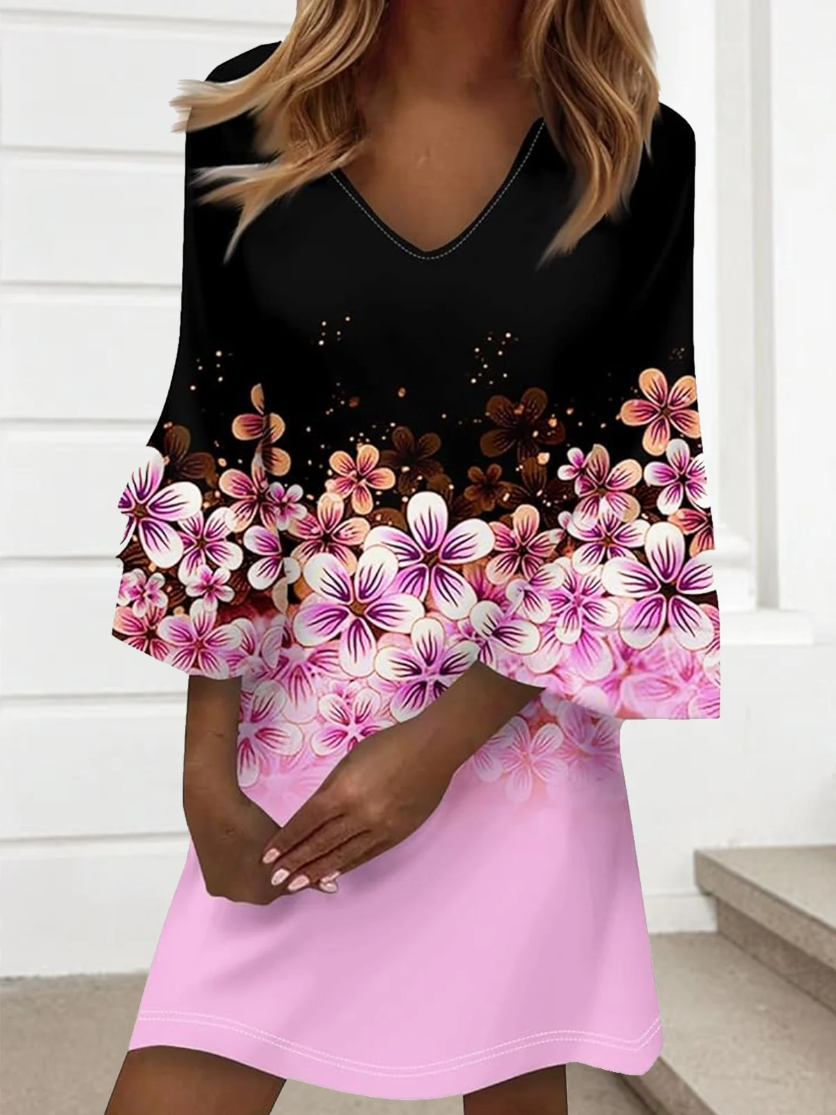 Women Floral Summer Dress V Neck Half Sleeve A-Line Dress