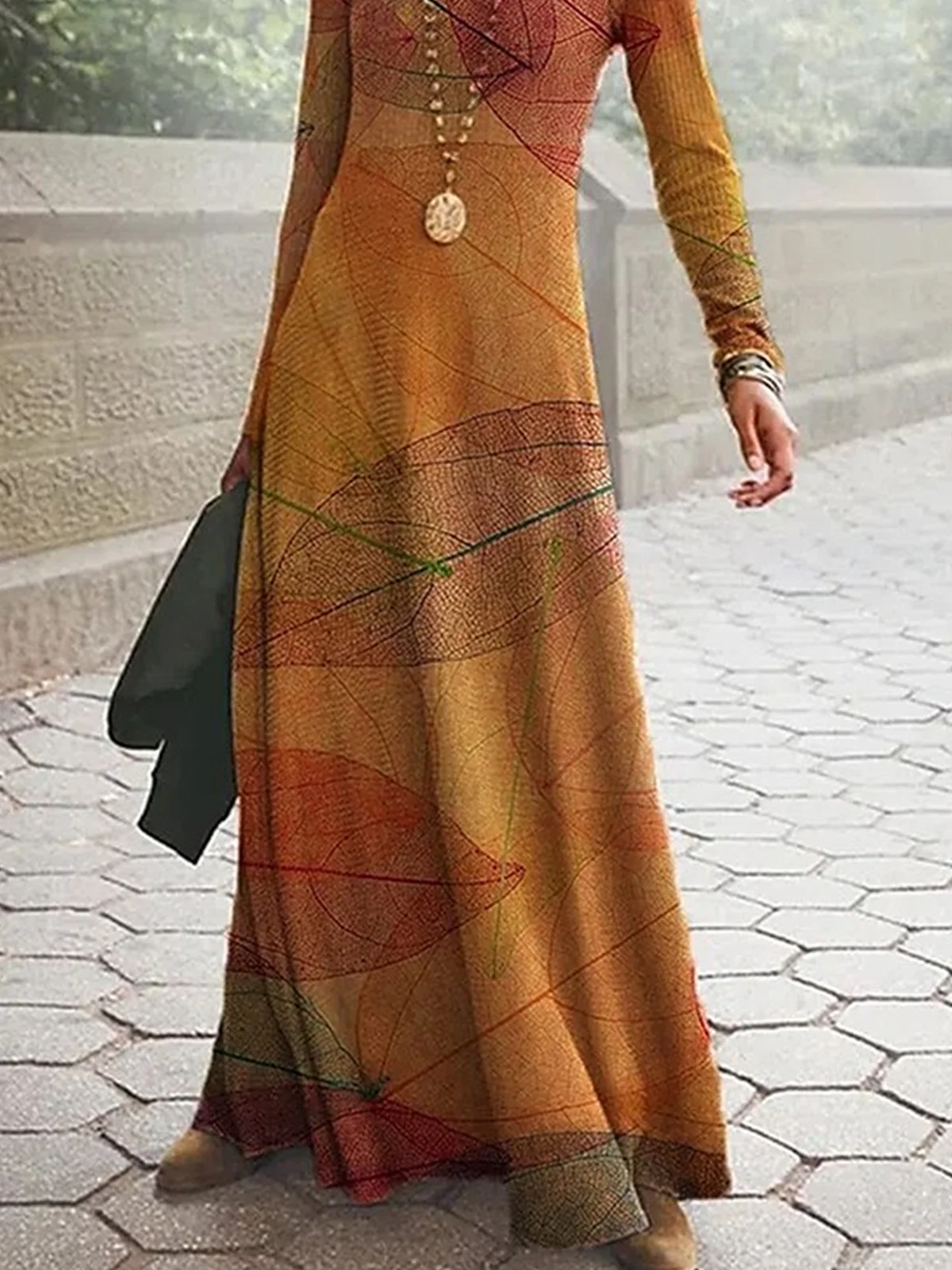 Women Plants Spring/Fall Dress Crew Neck Long Sleeve A-Line Dress