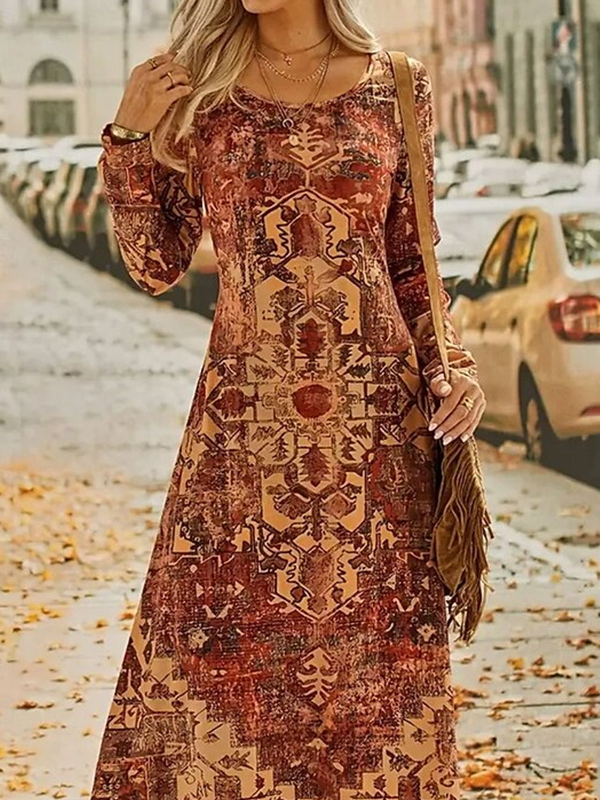 Women Ethnic Spring/Fall Dress Crew Neck Long Sleeve A-Line Dress