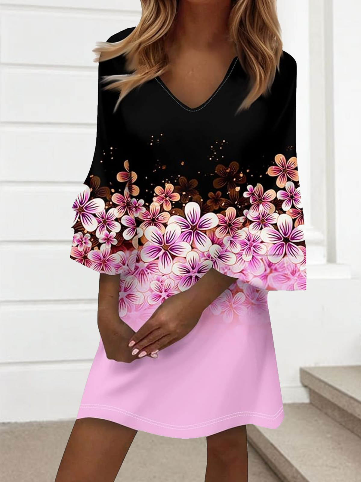 Women Floral Summer Dress V Neck Half Sleeve A-Line Dress