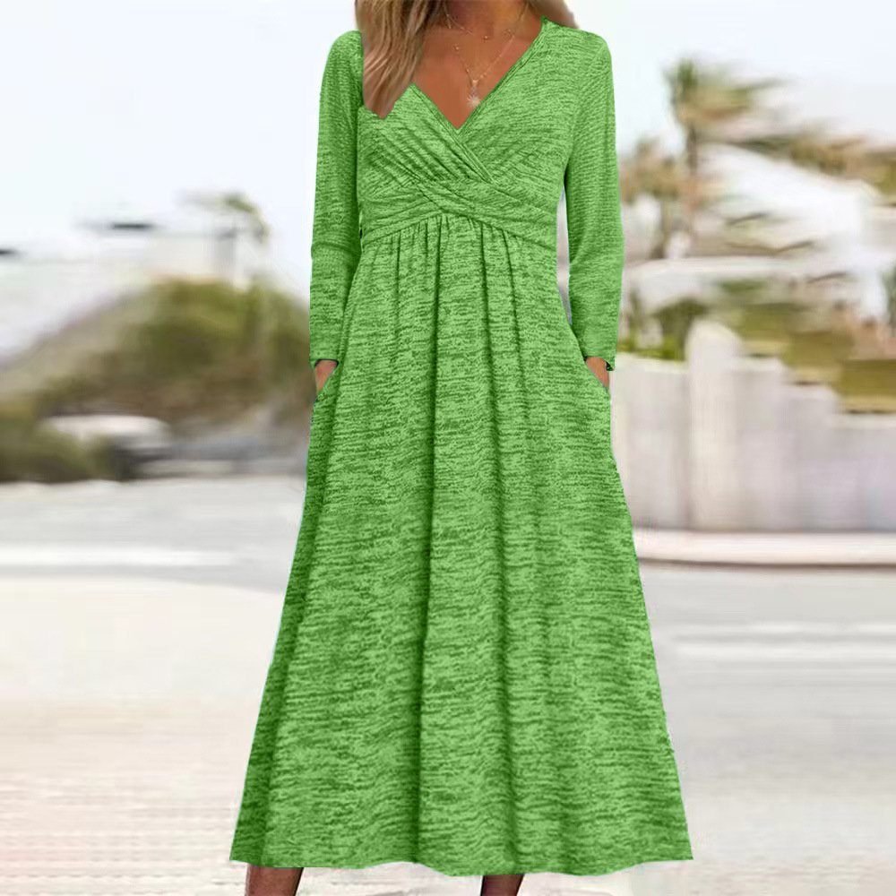 Women Plain Spring/Fall Dress V Neck Long Sleeve A-Line Dress