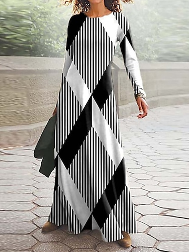 Women Striped Spring/Fall Dress Crew Neck Long Sleeve A-Line Dress