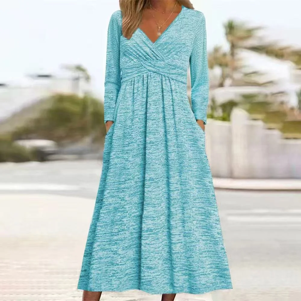 Women Plain Spring/Fall Dress V Neck Long Sleeve A-Line Dress