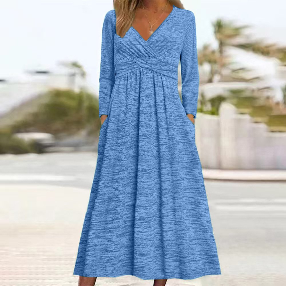 Women Plain Spring/Fall Dress V Neck Long Sleeve A-Line Dress