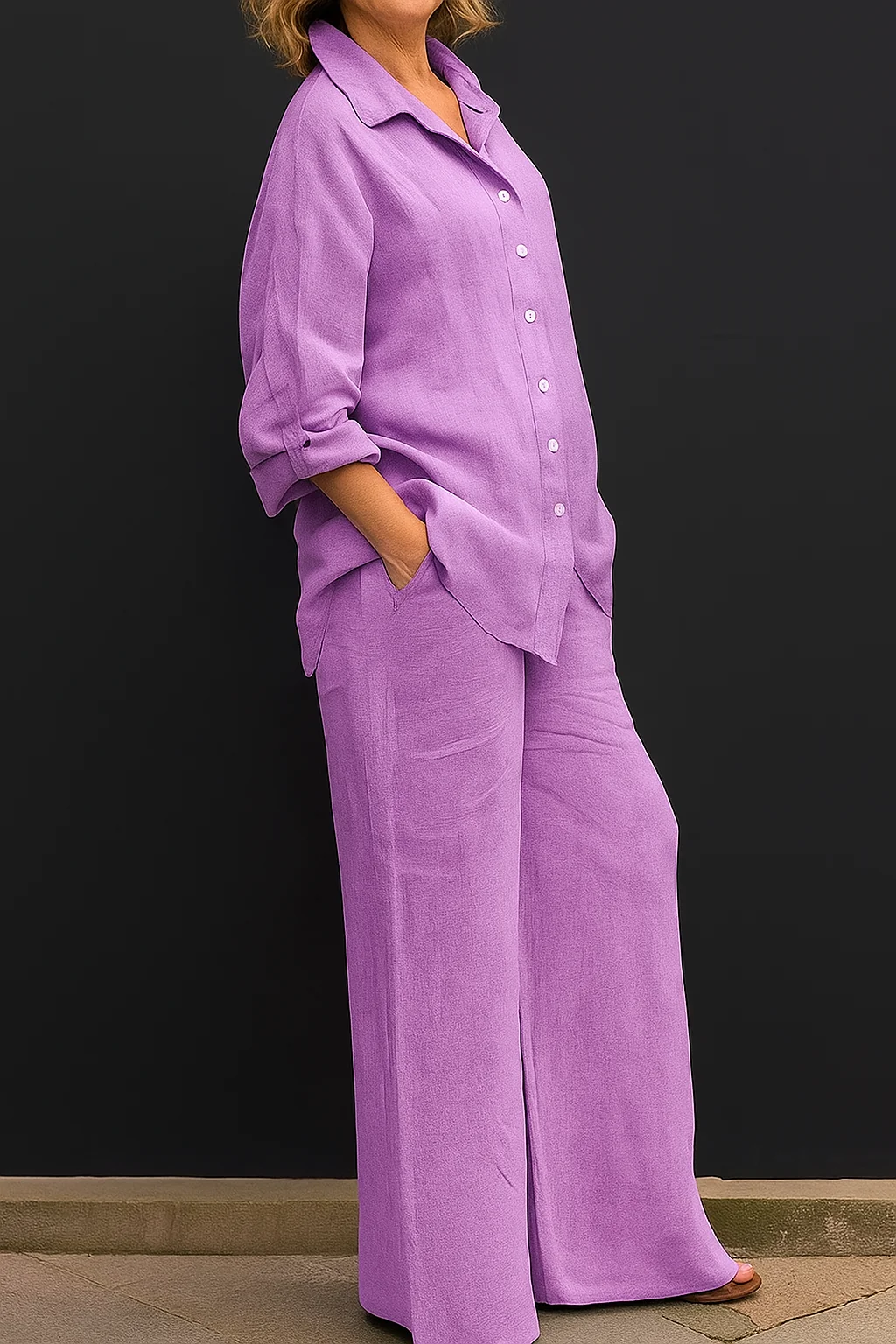 Women Plain Adjustable Strap Two-Piece Set Daily Long Sleeve Casual Spring/Fall Top With Pants Matching Set