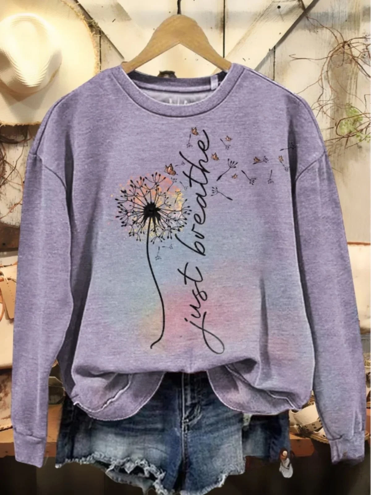 Women's Just Breathe Dandelion Print Casual Crew Neck Sweatshirt
