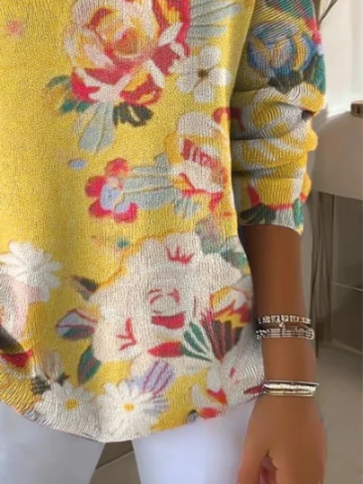 Women Cotton Floral Art Print Long Sleeve Comfy Casual Sweater