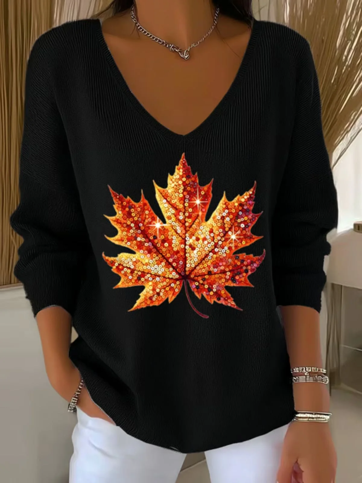 Women Cotton Maple Leaf Retro Ethnic Print Long Sleeve Comfy Sweater