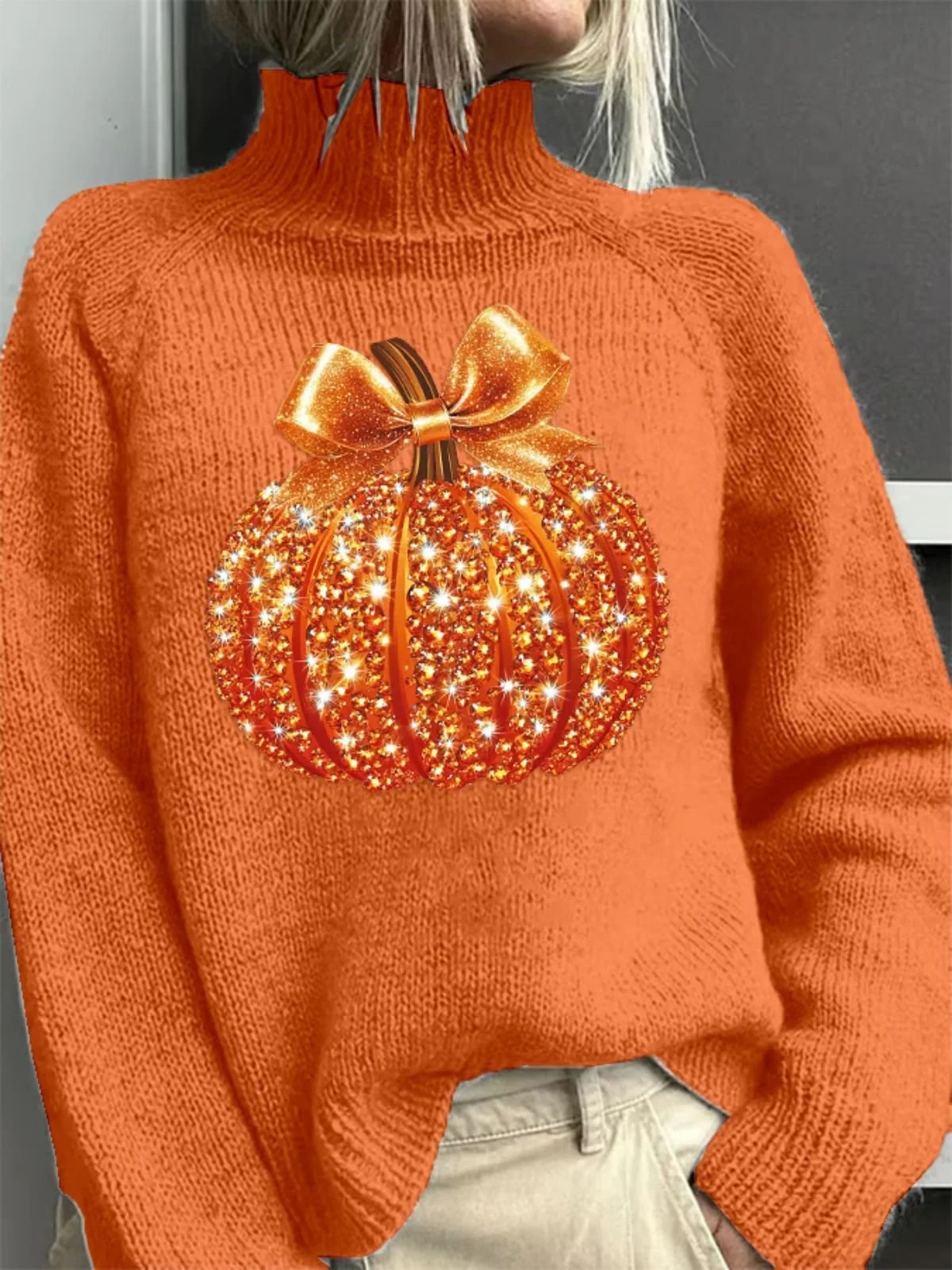 Women Halloween Pumpkin Pumpkin Sequin 3D Print Long Sleeve Comfy Casual Sweater