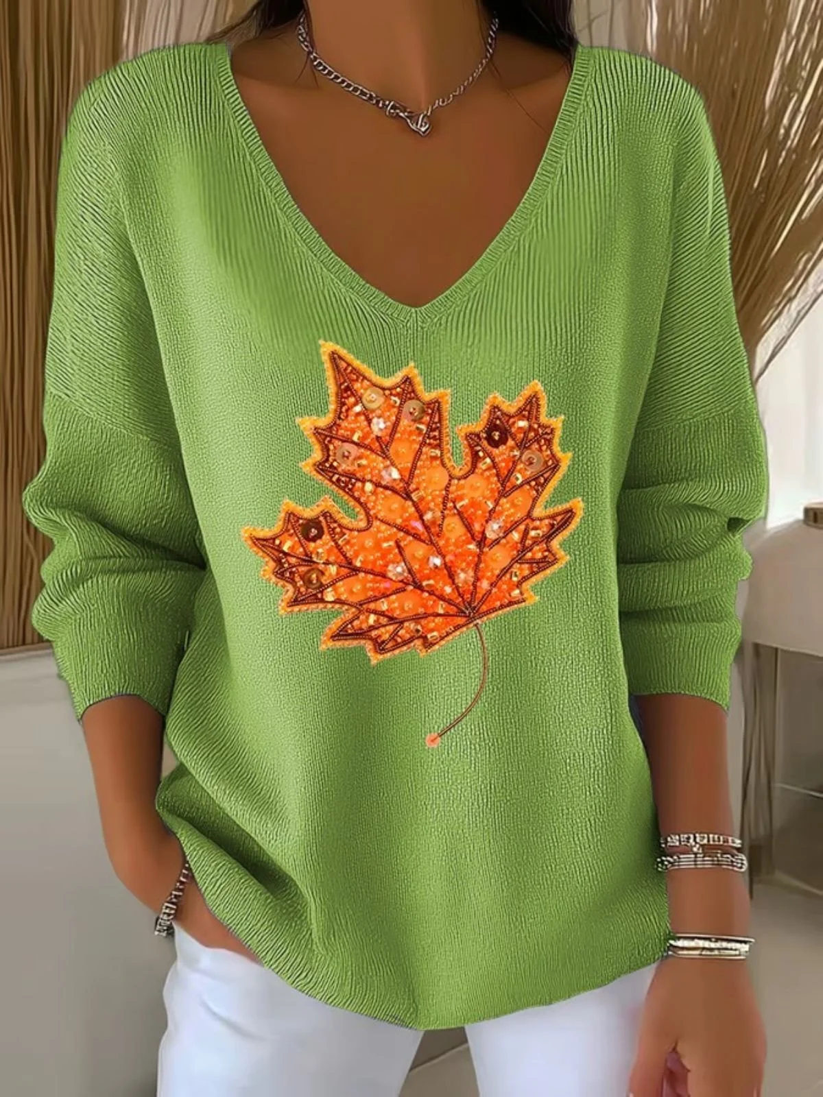 Women Maple Leaf Retro Ethnic Print Long Sleeve Comfy Casual Sweater
