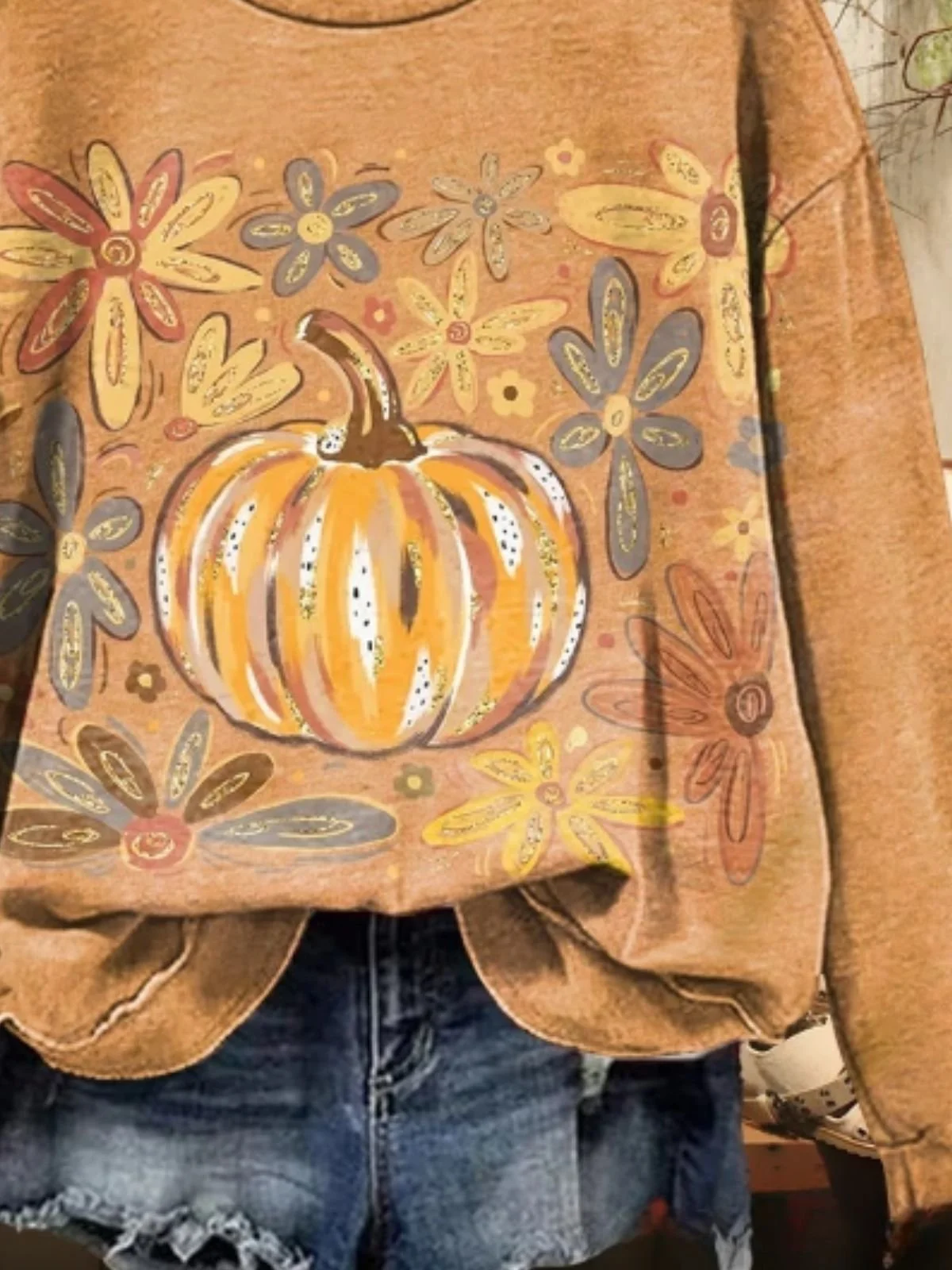 Women's Vintage Halloween Pumpkin Flowers Print Casual Crew Neck Sweatshirt