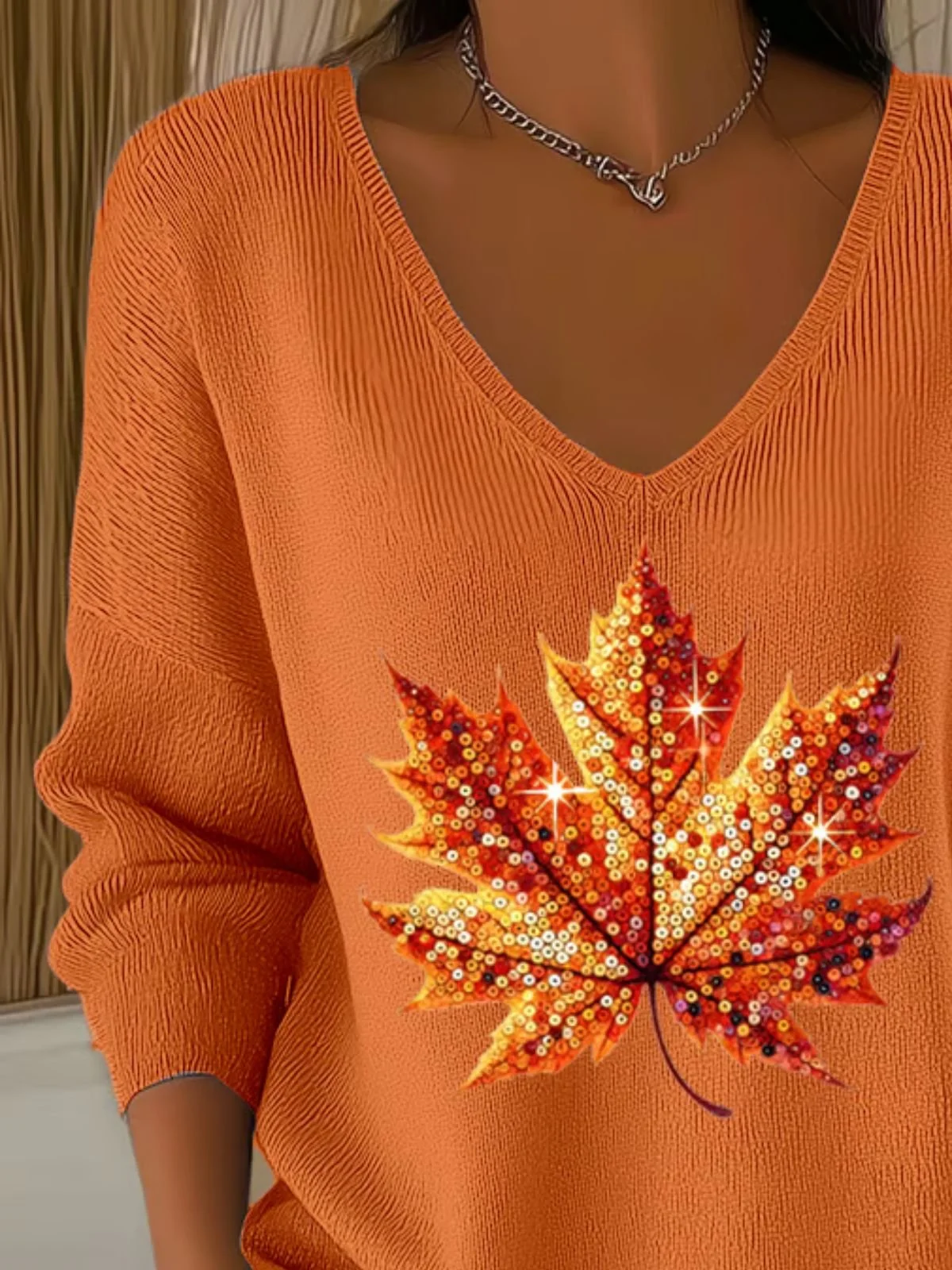 Women Cotton Maple Leaf Retro Ethnic Print Long Sleeve Comfy Sweater